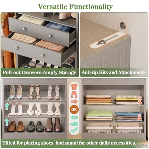 Besiost Closet System, Up to 134"/11.2 FT Closet Organizer with 4 Wooden Drawers and Shelves, Walk-in Closet System with 6 Hanging Rods, Built-in Closet Can Fit 96"/8FT, 120"/10FT, Morandi Grey - color: Morandi Grey, size: Style A: 77.6"—134"(W)