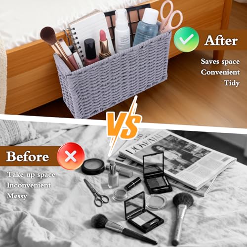 Cotton Rope Woven Bedside Caddy for Dorm Bed, Foldable Bedside Shelf Bunk Bed Accessories, College Dorm Room Essentials Hanging Organizers Storage Basket, Room Decor Magazine File Holder (White) - color: White