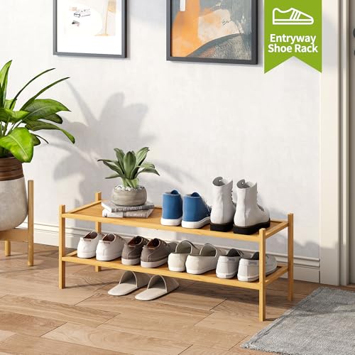 BMOSU 2-Tier Bamboo Extended Shoe Rack Premium Stackable Shoe Shelf Storage Organizer for Hallway Closet Living Room Entryway Organizer(Natural) - color: Natural, size: 2-Tier Long（33.3*11*12.6inches）