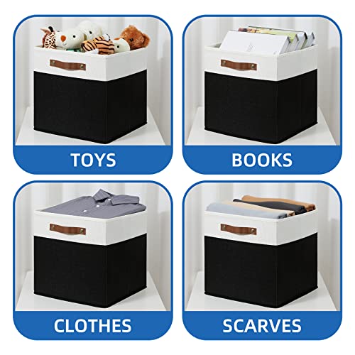 Temary Fabric Storage Bin 4 Pack Cube Storage Bin for Shelf Fabric Cube Storage Basket 13 Inch Cube Storage Bins Foldable Storage Cubes with Leather Handles(White&Black) - color: White&Black, size: 13×13×13