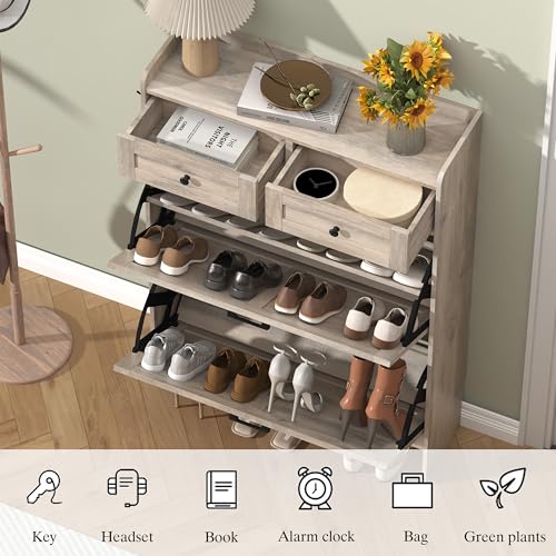 Thacuok Shoe Cabinet with 2 Flip Drawers & 2 Storage Drawers, Rustic Farmhouse Narrow Shoe Organizer Cabinet, Slim Shoe Rack Cabinet, Shoe Storage Cabinet for Entryway, Hallway - color: Grey, size: 2 Drawers