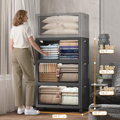 UAMFURI Extra Large Stackable Storage Bins with Lids & Wheels, 504QT-168QT/42GAL*3Pack Foldable Collapsible Closet Organizers Storage Cabinet with Doors for Bedroom Dorm - color: Black, size: 3PACK-30"W20"D50"H