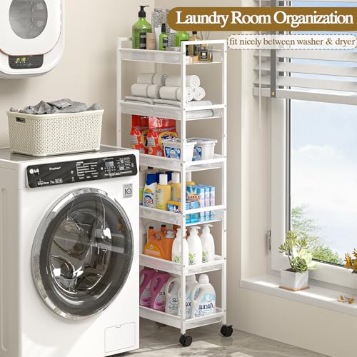 6 Tier Slim Rolling Storage Cart, Narrow Mobile Shelving Unit Organizer Utility Cart with Wheels, Metal Wire Storage Rack with Baskets for Kitchen, Bathroom, Laundry & Living Room, 10in(W) White - color: White, size: 6 Tier(10 inches)