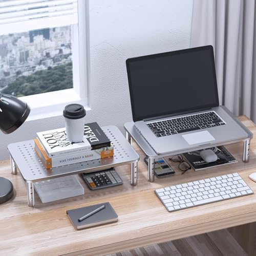 HUANUO Monitor Riser - 3 Height Adjustable Stand for Laptop, Computer, iMac, PC, Printer, Desktop Ergonomic Metal Monitor Riser with Mesh Platform - color: White