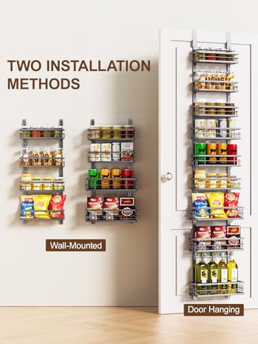 Delamu 9-Tier Over the Door Pantry Organizer, Adjustable Pantry Door Organizers and Storage, Metal Hanging Basket Wall Spice Rack Seasoning Organizer, Door Organizer Kitchen Bedroom Bathroom,12"Black - color: Black, size: 9 Tier-S
