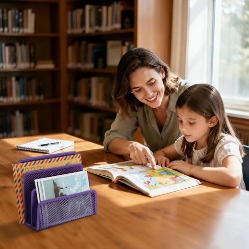 EASEPRES Desk Mail Organizer, Office Small Desktop Metal Mesh Envelope Letter Sorter Paper File Holder Organizer with 3 Vertical Upright Compartments, Purple 2 Pack - color: Purple, size: 2 Pack