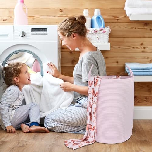 XUANGUO Cotton Rope Laundry Basket Hamper for Clothes Woven Storage Basket for Living Room Bedroom Boho Tall Rope Baskets for Blanket Toys Pillow Towels Baby Nursery Hamper Bin Large light pink - color: pink, size: Large