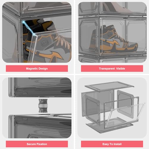 Shoe Box,Set of 6,Stackable Plastic Clear Shoe Box Organizer with Magnetic Door,Shoe Storage Box Thicken Sturdy,Easy Assembly,Fit up to US Size(Side opening door, Black) - color: Black, size: Side