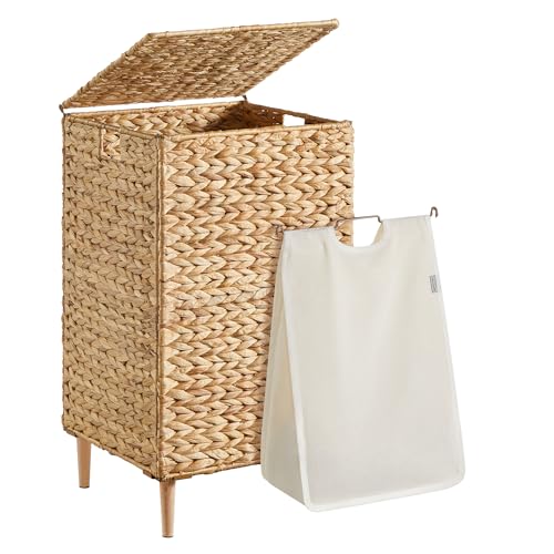 SONGMICS Laundry Hamper, 25 Gal. (95 L) Handwoven Water Hyacinth Wicker Laundry Basket with Lid, Natural Material, Removable Machine Washable Liner, Handles, Natural ULCB201Y01 - color: Natural, size: 95 L (Handwoven )