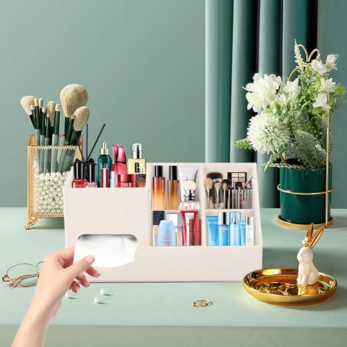 Plus Size Tissue Box Cover-Square Linen Tissue Cover with Side Storage and Tray,Modern Makeup Organizer,Leather Tissue Holder Decorative Cube Organizer for Living Room Vanity NightStand Office,Beige - color: Beige