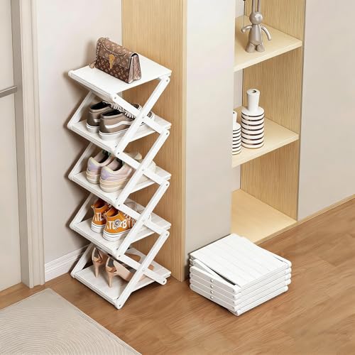 Bamboo Shoe Rack - No Assembly Required, Tall Narrow Foldable Shoe Organizer, Space-Saving Multifunctional Shelf for Entryways, Corners, Bedrooms, Balconies, 4 Layer White (Reinforced And Thickened ) - color: White, size: 4 Layers