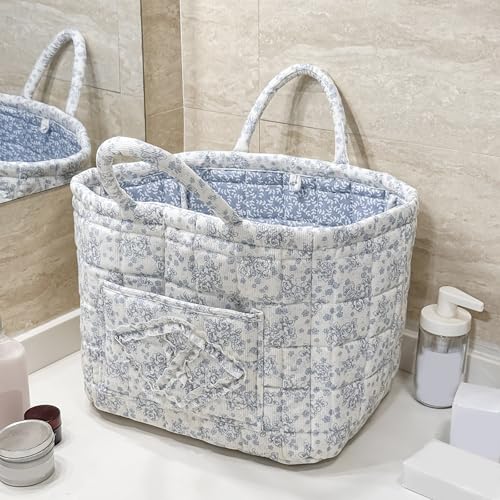 Quilted Fabric Basket Foldable Car Storage Boho Floral Laundry Basket Hamper for Nursery Bedroom & Living Room | Organize Clothes Toys - color: Blue Floral