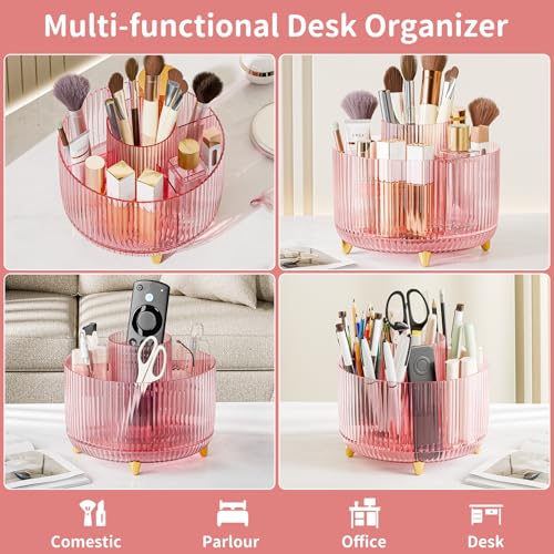 Clear Rotating Makeup Organizer Countertop for Vanity, 360° Makeup Brush Holder Organizer with 5 Compartments, Transparent Cosmetic Storage for Lipstick, Skincare, Bathroom Counter (Transparent Pink) - color: Transparent Pink