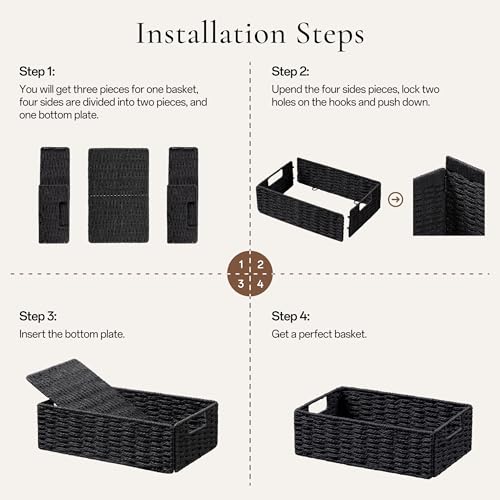 UBBCARE 2 Pack Wicker Basket, 11.5L×7.5H×3.5W inch Woven Paper Rope Storage Baskets for shelves, Foldable Rectangular Storage Baskets with Handle, Storage Basket for Organizing, Black - color: Black, size: 2pack Small