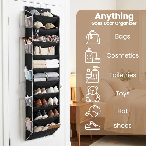 10-Tier Over The Door Organizer with 4 Anti-Scratch Silicone Hooks & 10 Side Pockets, Hanging Shoe Organizer for Closet (15-20 Pairs), Behind the Door Storage for Toys, Household Essentials