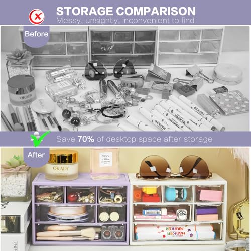 Desk Storage Organizer with 6 Mini Drawers, FODIENS Stackable Desktop Craft Drawer Cabinet, Clear Storage Box Caddy for Makeup Jewelry Office Craft Supplies (Purple) - color: Purple