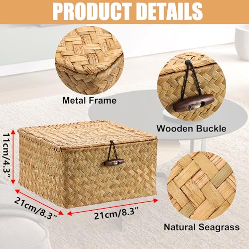 Hipiwe Wicker Shelf Basket Bin with Lid Square Handwoven Seagrass Box Decorative Household Storage Container Multipurpose Organize for Bookshelf Living Room Bathroom, Small Caramel - color: Caramel, size: Small