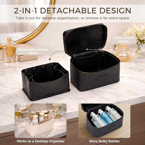Makeup Bag Vanity Case for Women – Portable Cosmetic Bag Makeup Bag Organizer Travel Toiletry Bag with Removable Divider - color: Black