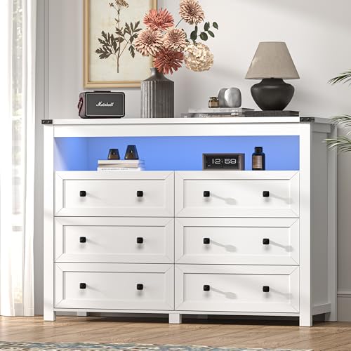 Dresser for Bedroom with 6 Drawers, Wide Chest of Drawers with LED Light and Power Outlet, Wooden Closet Organizer Clothes Storage Cabinet, Modern Double Dressers for Living Room, Hallway, White - color: White, size: 15.8"D x 47.2"W x 39.4"H (6 Drawers)