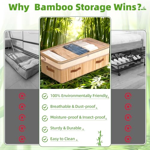 Livole Bamboo Under Bed Storage, 6-10 inches Height Adjustable Underbed Storage Containers, 92L XXXL Large Under Bed Storage Bins with Clear Lid & Label for Clothes, Blankets, Sweater, Shoes, 1 Pack - size: Expandable - 10"H