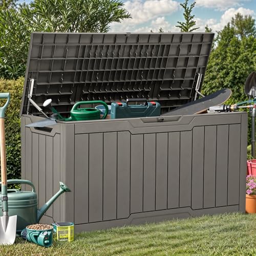 YITAHOME 80 Gallon Resin Deck Box, Waterproof Outdoor Storage Box, Lockable Indoor Outdoor Storage Bench for Supplies and Essentials, Taupe - color: Taupe, size: 80 Gallon, style: Deck Box