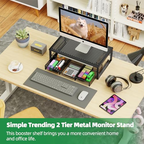 Simple Trending Metal Monitor Stand Riser and Computer Desk Organizer with Drawer for Laptop, Computer, iMac, Black - color: Black