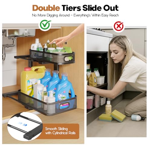 2 Pack 15.7IN-Depth Under Sink Organizer With Smooth Cylindrical Rail,2-Tier Pull Out Multi-Purpose Cabinet Storage for Bathroom&Kitchen,Height Adjustable,Rust-resistant Coating-Black - color: Black, size: 2 Pack-15.7"Dx11"-16.14"H
