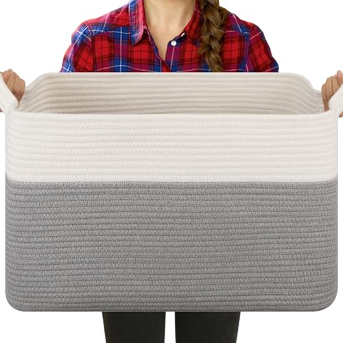 OIASKET Blanket Basket for Living Room, Cotton Rope Basket for Storage, Toy Baskets Bin for kids, Woven Baskets with Handles for Clothes, Towels, Pillows, 20" x 16" x 12", Grey and White - color: Grey & White, size: 19.7"x15.8"x11.8"