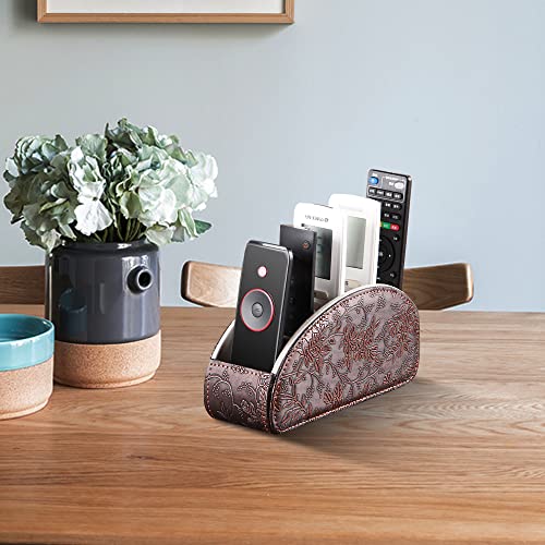Leather Remote Control Holder,Universal TV Remote Organizer with 5 Compartments,Desktop or Bedside Table Organizer for DVD,Blu-Ray,Gaming and Streaming Remotes,Glasses and Accessories(Antique) - color: Antique