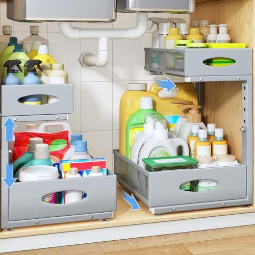 Under Sink Organizer, 2 Tier Pull Out Under Cabinet Organizer Shelf with Pad for Framed Cabinets, Metal Slide Out Under Sink Storage, Mesh Sliding Drawers for Kitchen Bathroom Laundry(Grey, 1 Pack) - color: Grey, size: 1-Pack