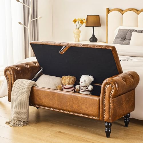 Furnimart Storage Bedroom Bench for End of Bed, Faux Leather Upholstered Storage Ottoman with Rolled Arms for Bedroom,Living Room, Entryway, 2.5Cubic Feet - color: Faux Leather/Brown
