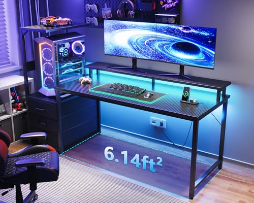 AODK 59 Inch Gaming Desk with LED Light- Reversible Computer Desk with Storage Shelves & Monitor Stand, Modern Gamer Desk Table with Fabric Drawers, Black - color: Black, size: 59 inches