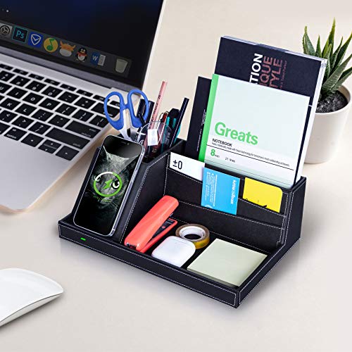 Valet Tray, Built in Wireless Charging Pad, Nightstand Organizer, Dresser Organizer, Mens Jewelry Box, Valet Charging Station, Faux Leather Valet Tray for Men and Women (Black+Wireless) - color: Black