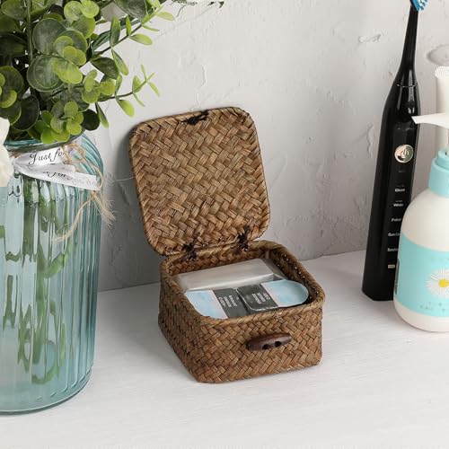 Mini Seagrass Basket Handwoven Small Wicker Basket with Lid Square Portable Storage Baskets for Key Jewelry Decorative Organizer Box for Shelf, 3.5"L x 3.5"W x 2"H - size: 3.5"L x 3.5"W x 2"H