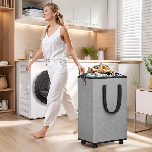 SpaceTrove Laundry Basket with Wheels, Collapsible Laundry Baskets, Laundry Hamper with Handles Detachable Wheels, Rolling Laundry Basket, Dirty Clothes Hamper for Bathroom, Dorm, Bedroom, Grey, 80L - color: Grey, size: 80L