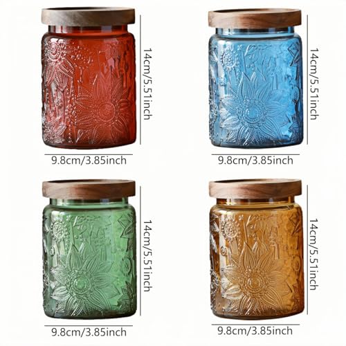 ANSQU Set of 4 Vintage Glass Storage Jars, 23.7oz Glass Coffee Canisters Decoraitve Mason Jars Sugar Containers with Airtight Wooden Lids for Kitchen Pantry, Cookie Jars (Sunflower) - color: 4 color, size: 23.7 Ounces