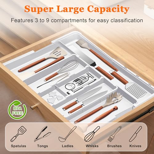 Spaclear Large Utensil Drawer Organizer Expandable Silverware Organizer for Kitchen Drawer Adjustable Cooking Utensil Holder Cutlery Flatware Tray Spatula Tools Gadgets Storage Dividers Plastic White - color: White