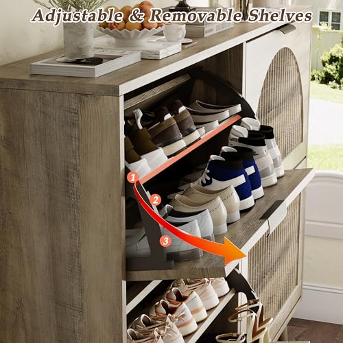 Shoe Storage Cabinet with 4 Flip Drawers, Narrow Wood Shoe Organizer Cabinet with Fluted Panel, Slim Shoe Rack for Entryway, Freestanding Shoe Cabinet for Living Room, Hallway, Grey - color: Grey, size: 4-Drawers