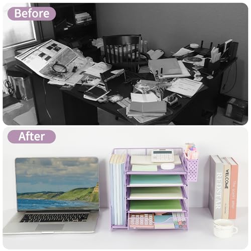 Desk Organizer with Drawer and Pen Holder, 5-Tier Paper Letter Tray Organizer with File Holder, Suitable for Workspace Organizer Office Supplies Storage (Purple) - color: Purple