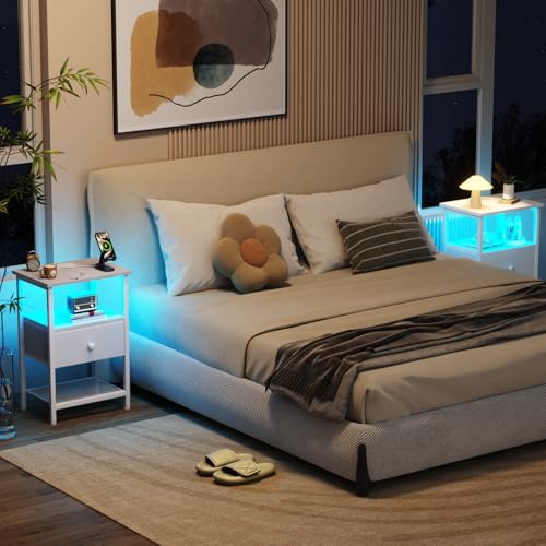 LOAKEKEL LED Night Stand with Charging Station, Small Bedside Table with USB Ports & Outlets, Fabric Storage Drawer with PU Finish for Bedroom, White, HETS01WT-1 - color: White, style: One-drawer