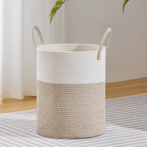 VIPOSCO Large Laundry Hamper, Tall Woven Rope Storage Basket for Blanket, Toys, Dirty Clothes in Living Room, Bathroom, Bedroom - 53L White & Brown - color: Brown, size: 53L