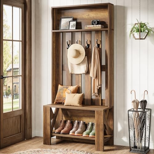 Tribesigns Hall Tree with Bench and Shoe Storage, 70.8" Tall Freestanding Coat Rack with Shoe Bench, Farmhouse Narrow Hall Tree Organizer with Hooks for Entryway, Hallway, Mudroom, Space-Saving, Brown