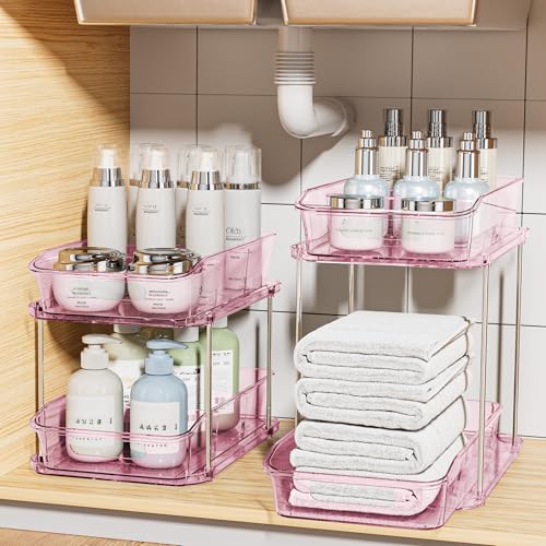 Delamu 2-Tier Under Sink Organizers and Storage, Multi-Purpose Stackable Bathroom Cabinet organizers, Pull Out Kitchen Pantry Organization and Storage with Dividers(2 Pack, Pink) - color: Pink, size: 2 Pack