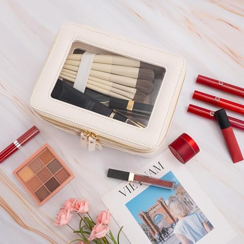 Aveniee Large Clear Makeup Bags, Double Layer Cosmetic Bags with Separate Brush Compartment, Travel Toiletry Bag Cosmetic Train Case, Travel Accessories Organizer for Women(2 Layers, White) - color: Off-White, style: Dual Layer