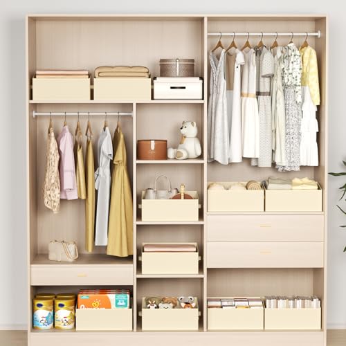 DIMJ Closet Storage Bins 6 Pack - Fabric Storage Baskets for Shelves, Large Clothes Organizers with Handles, Trapezoid Shelf Organization Storage Cubes for Purse, Toys, Books, Towel, Clothes - color: Beige, size: 6 Bins 16.5"x11"x7.8"