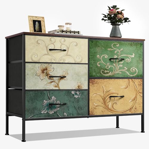 WLIVE Dresser for Bedroom with 5 Drawers, Wide Chest of Drawers for Bedroom, Fabric Dresser for Living Room, Closet, Hallway, Floral Painted - color: Floral Painted