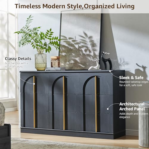 ACCOHOHO Arched Dresser for Bedroom with 9 Drawers, 52" Wide Modern Chest of Drawers with Rounded Edge & Metal Handles, Wood Storage Closet Dressers TV Stand for Living Room, Hallway, Black - color: Black, size: 15.6"D x 52"W x 32"H (9 Drawers)