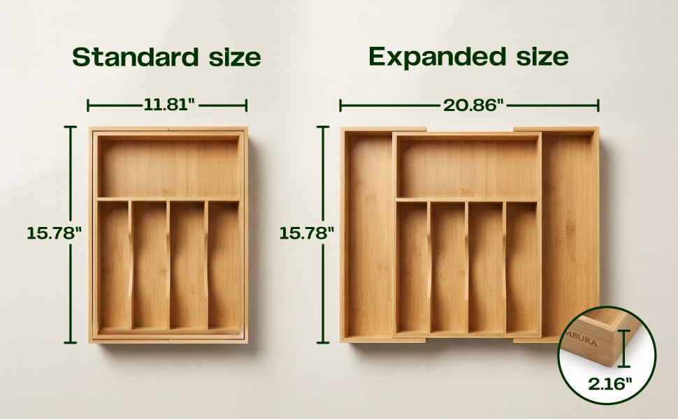 Premium Bamboo Utensil Drawer Organizer Expandable – Modular Silverware Organizer Adjustable Design w/Deep Compartments, Kitchen, & Office Drawer Dividers for Utensils, Cutlery, Makeup, Desk