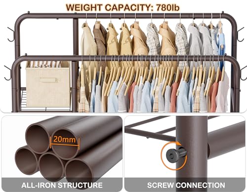 Double Rods Clothes Rack Clothing Rack with 4 Tier Storage Shelves Clothes Rack for Hanging Clothes Multifunctional Heavy Duty Clothes Organizer with Hooks for Bedroom,Wardrobe Closet,Shop,Brown - color: Brown