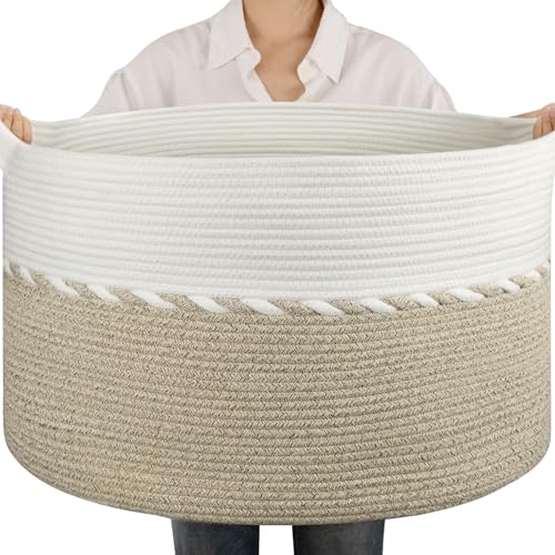 OIAHOMY 90L Blanket Basket for Living Room, Large Basket 23" x 23" x 13" with Handle, Laundry Hamper for Blankets, Pillows, Toy Storage for Kids, Dogs - Light Brown & White - color: Light Brown & White, size: 23" x 23" x 13"